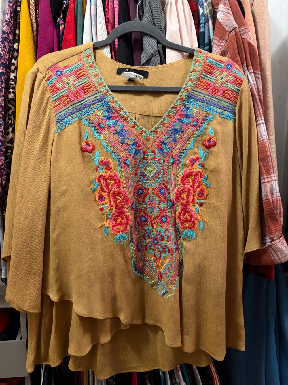 Boho Embroidered V-Neck Blouse - Mustard